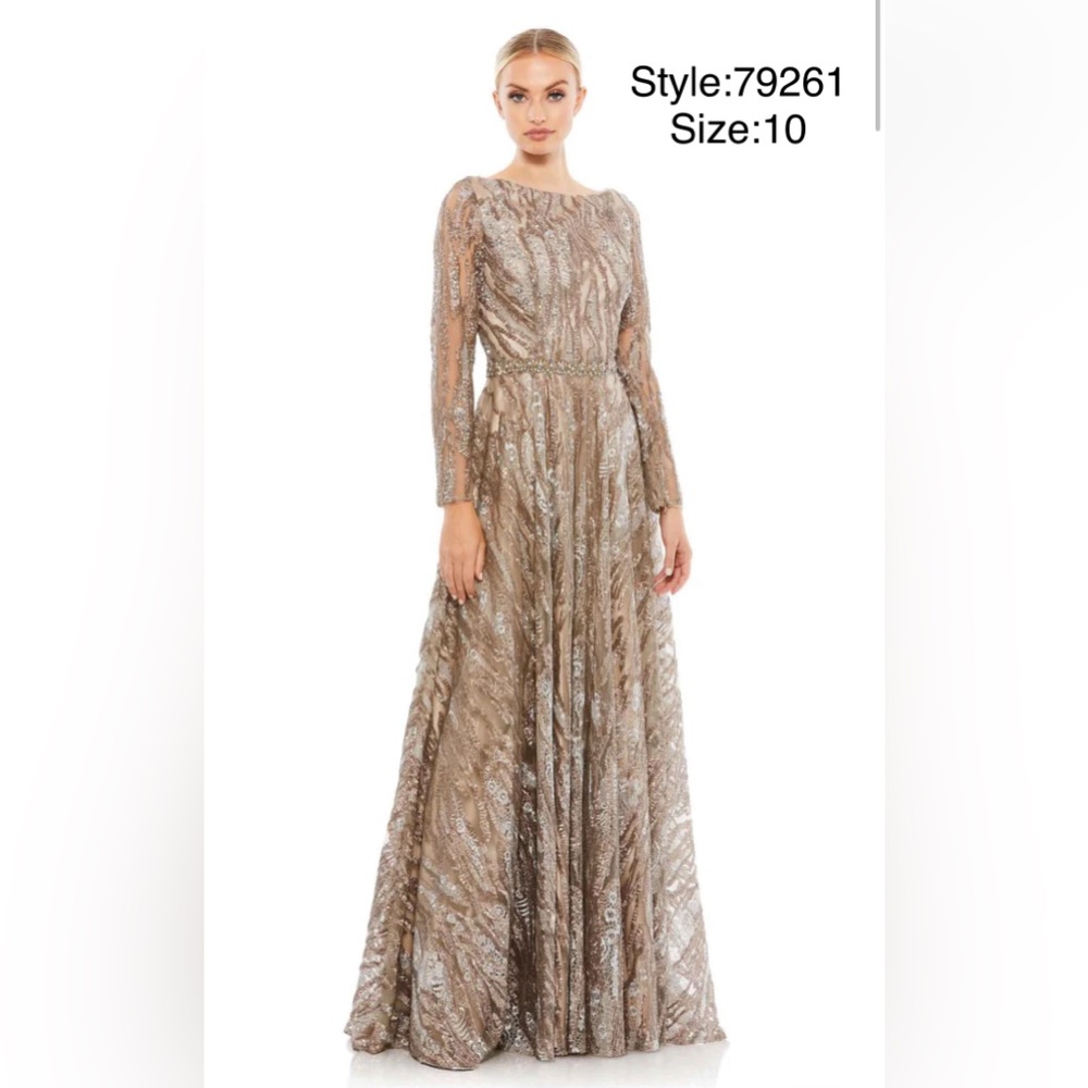 Sequin long sleeve bateau A line gown - Picture 2 of 9